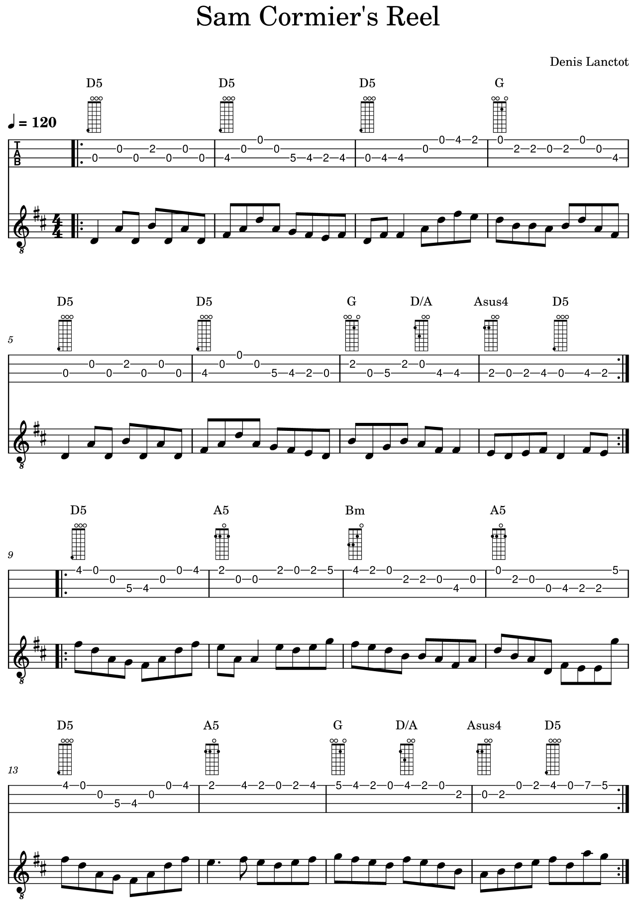 Sheet music for Sam Cormier’s Reel showing melody, tablature, and bouzouki chord diagrams in D major at 120 BPM
